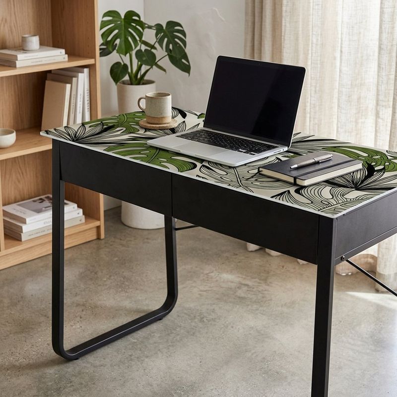 Escritorio con Diseño de Hojas y 2 Gavetas Color Negro y Verde de 100 x 50 x 75 cm