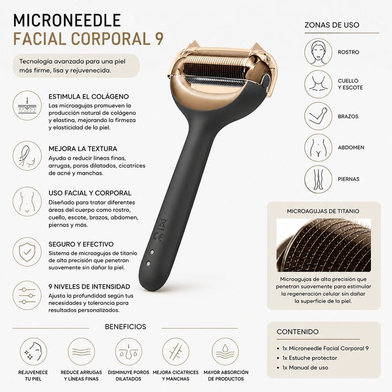 Rodillo Microneedle Facial y Corporal 9 en 1 Color Negro
