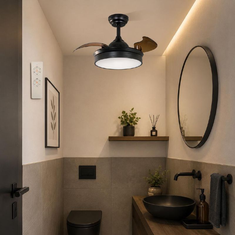 Ventilador de Techo Negro con Aspas Retráctiles Doradas y Luz Integrada