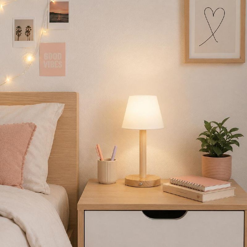 Lámpara de Mesa de Madera Natural con Pantalla Blanca