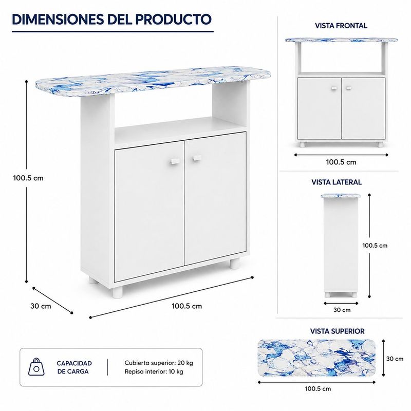 Mueble con Planchador Multifuncional 2 Puertas 100.5 x 30 x 95 Cm Color Blanco