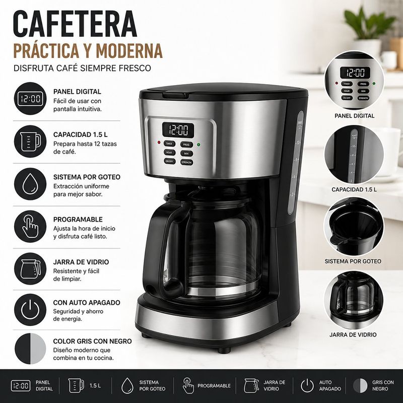 Cafetera Digital por Goteo de 1.5 L Color Plateado con Negro
