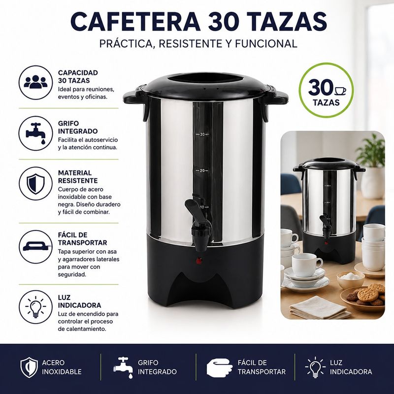 Percoladora 30 Tazas de Acero Inoxidable Color Plateado con Negro