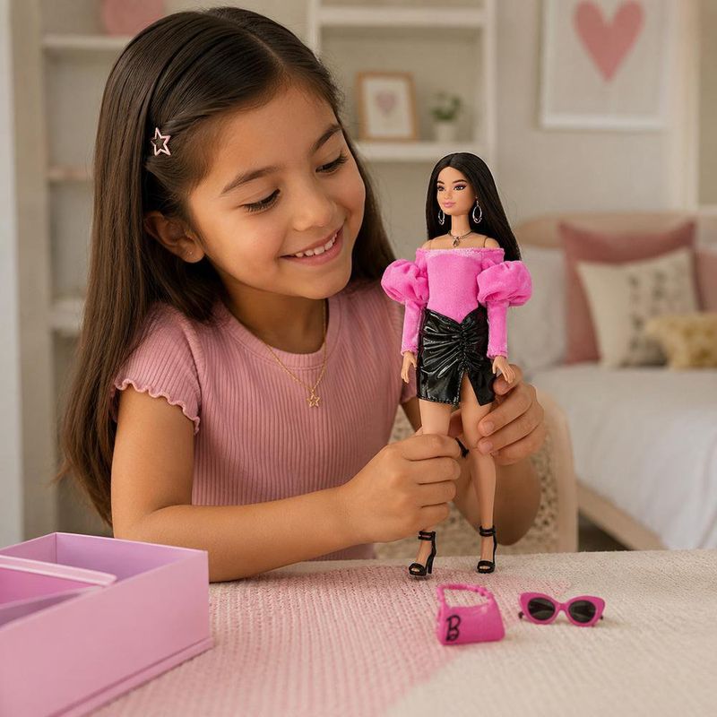 Barbie Deluxe Style #13 con Blusa Rosa Barbiecore de Terciopelo Rosa y Falda de Cuero Sintético Negro