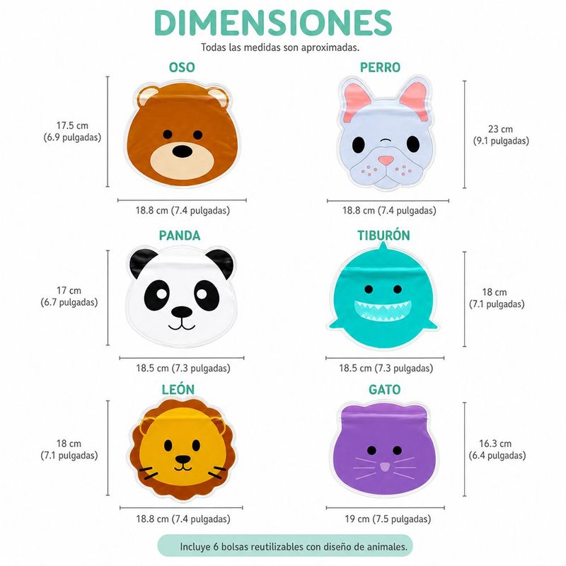 Set de Bolsas Reutilizables para Snacks con Diseño de Animales 6 Unidades