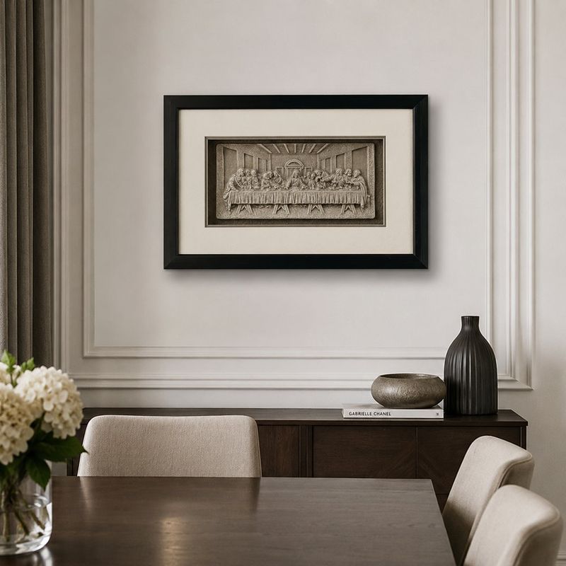 Cuadro Santa Cena Estilo Yeso con Vidrio para Sala y Dormitorio Marco Negro de 35x55 Cm