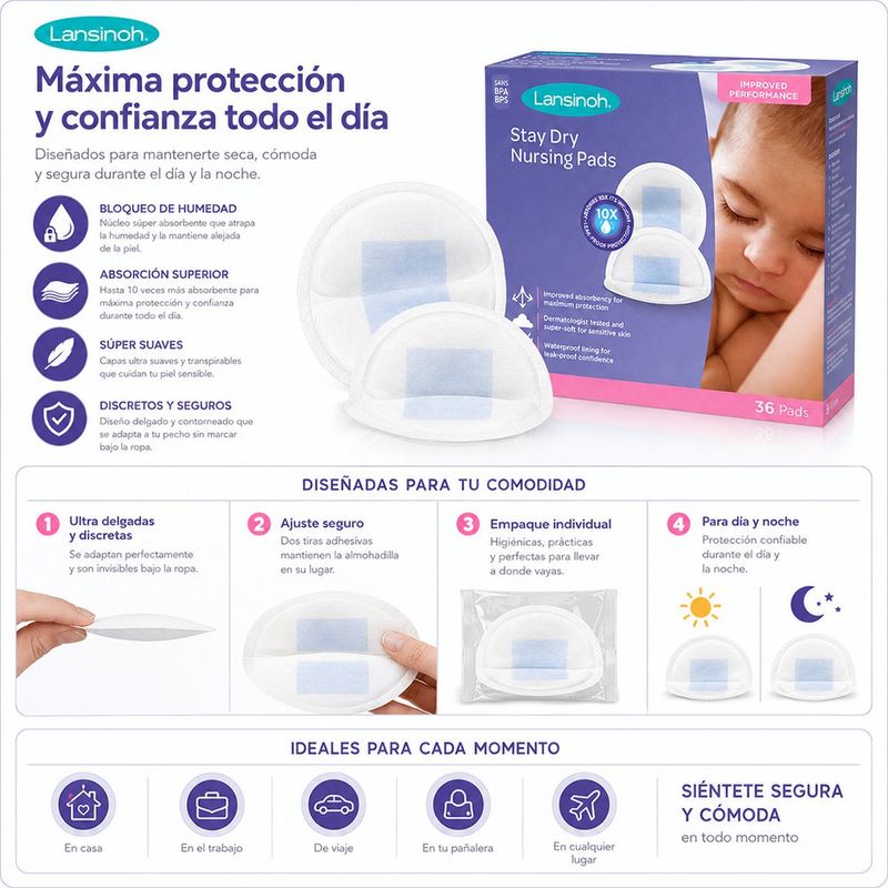 Protector de Lactancia Desechable Ultra Absorbente para Día y Noche, 36 Unidades