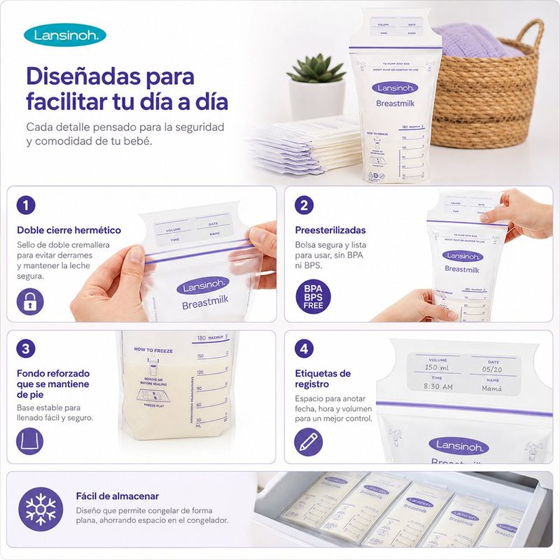 Bolsas para Almacenamiento de Leche Materna Preesterilizadas 6 Oz, 50 Unidades