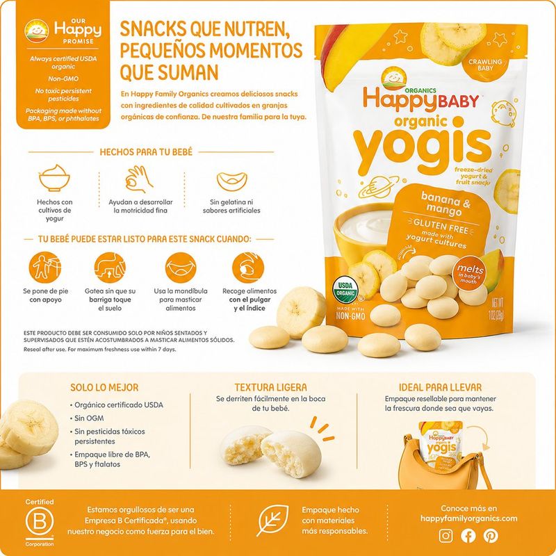 Bolitas de Yogurt Orgánico Liofilizado para Bebé Sabor Banano y Mango, 1 Oz