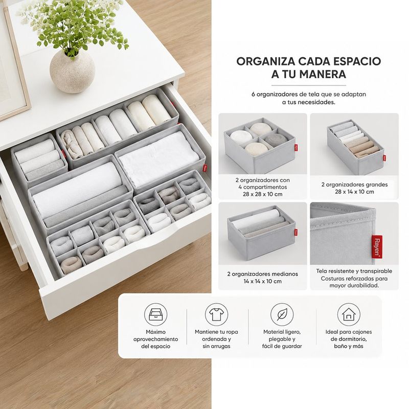 Set de 6 Organizadores Plegables de Tela para Cajones Color Gris