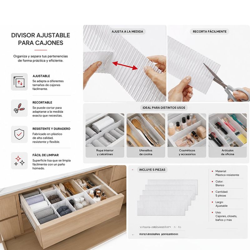 Divisor de Cajones Ajustable de 49.5 x 10 Cm en Plástico Blanco, 5 Láminas