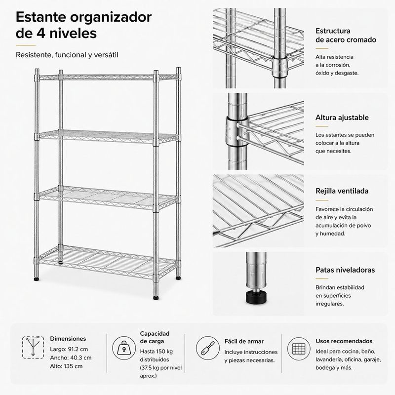 Estantería Metálica de 4 Niveles Ajustables 91.2 x 40.3 x 135 Cm Color Plateado