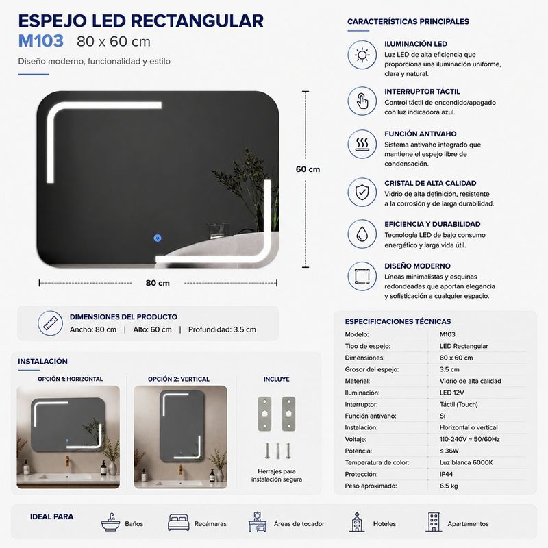 Espejo LED Rectangular M103 80 x 60 cm