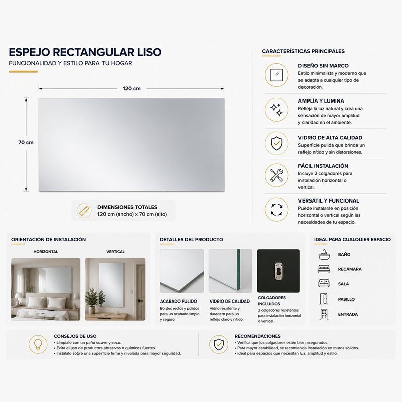 Espejo Rectangular Liso sin Marco para Pared de 120x70 Cm