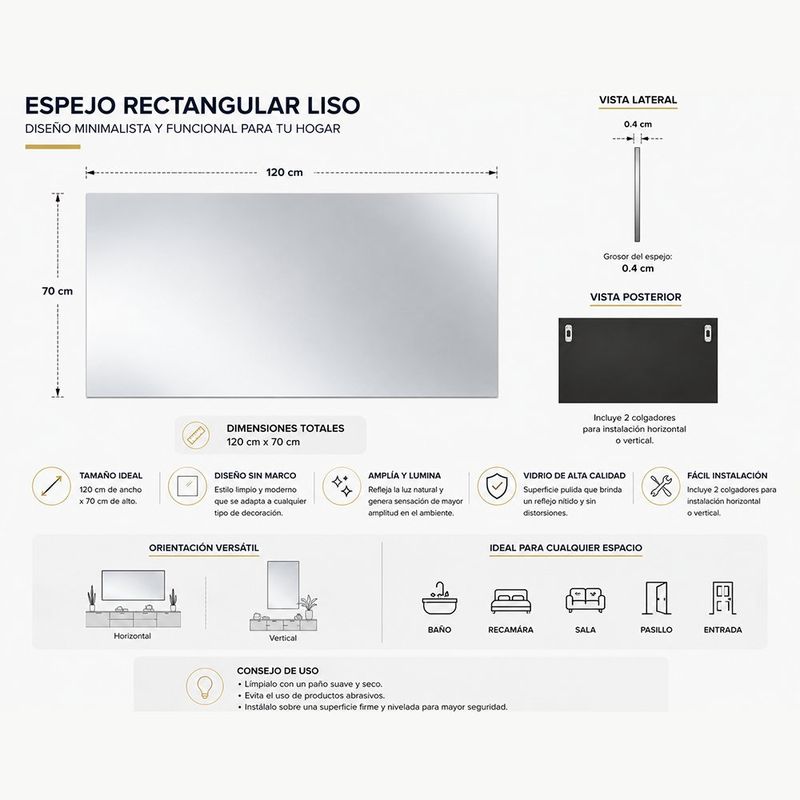 Espejo Rectangular Liso sin Marco para Pared de 120x70 Cm