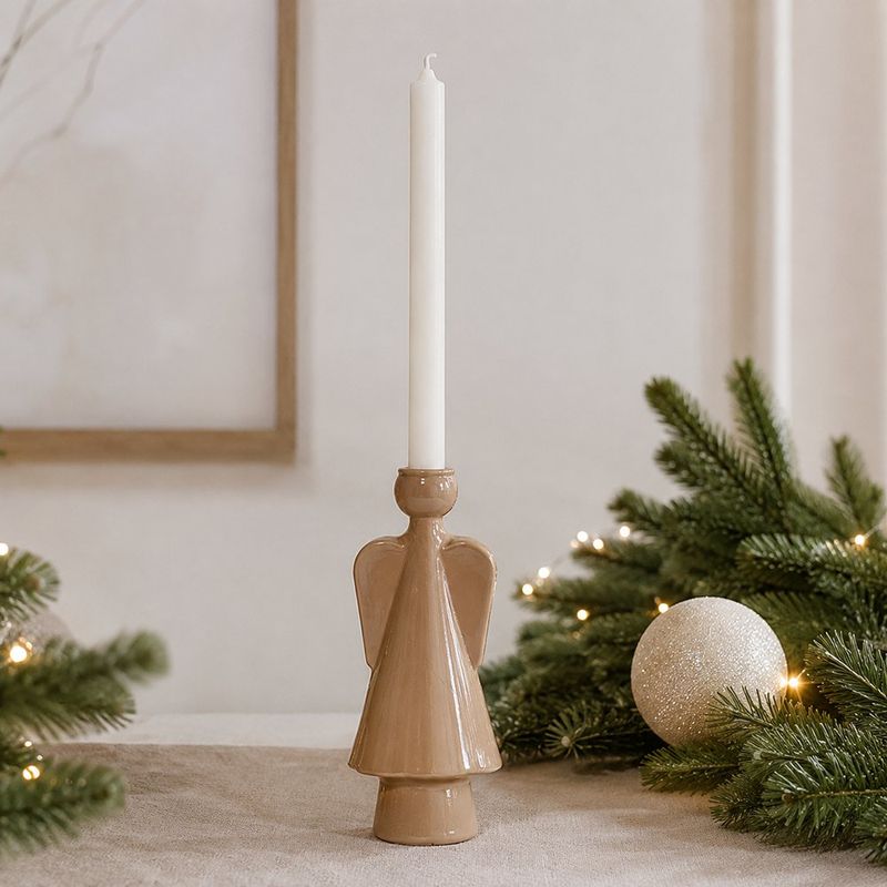 Candelero Decorativo Ángel de Vidrio Beige Sólido