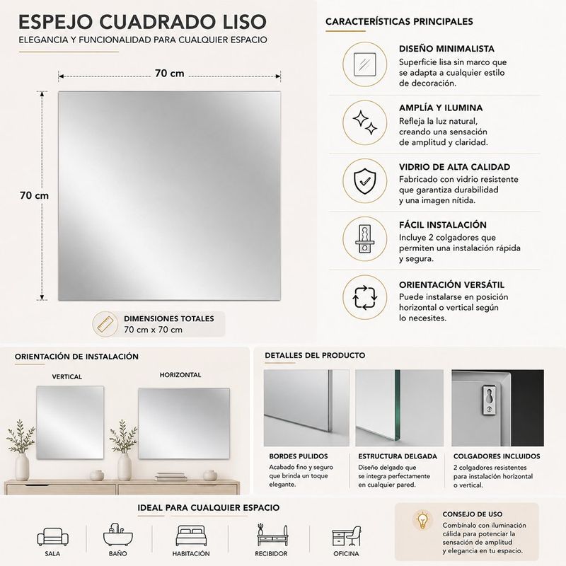 Espejo Cuadrado Liso sin Marco con Bordes Pulidos de 70x70 Cm