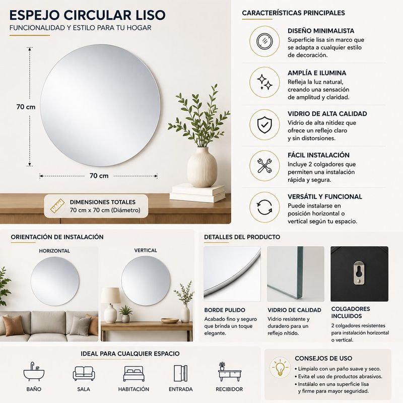 Espejo Circular Liso sin Marco con Bordes Pulidos de 70x70 Cm