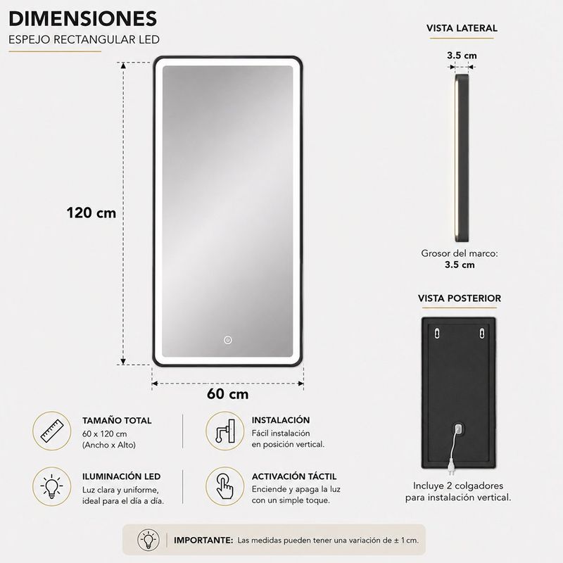 Espejo Rectangular con Luz LED e Iluminación Táctil de 120x60 Cm