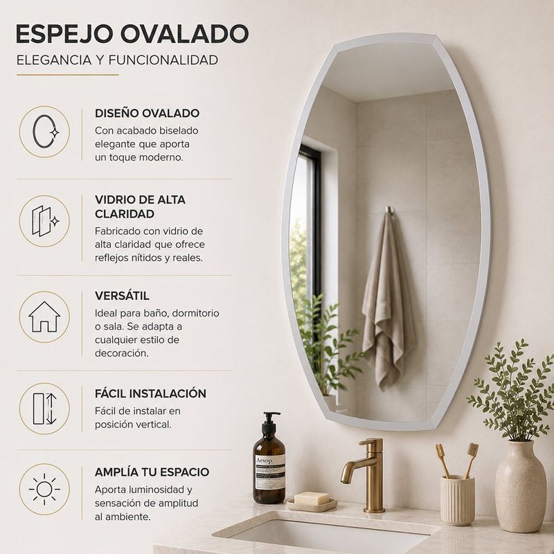Espejo de Pared Tipo Barril Biselado Vidrio de Alta Claridad de 50x70 Cm