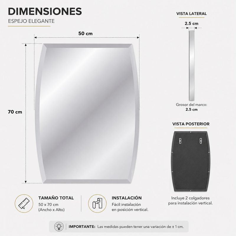 Espejo de Pared Tipo Barril Biselado Vidrio de Alta Claridad de 50x70 Cm