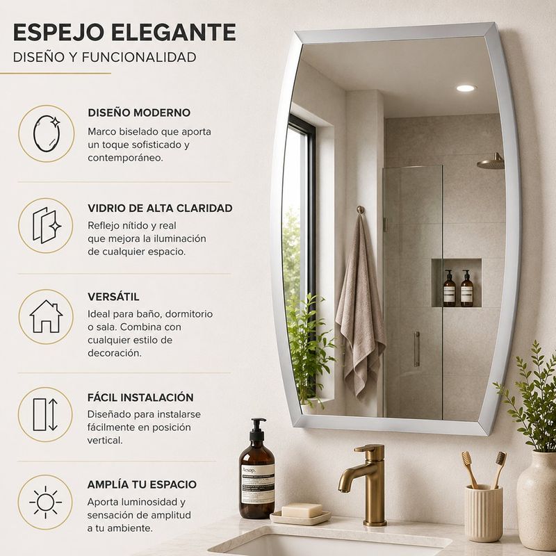 Espejo de Pared Tipo Barril Biselado Vidrio de Alta Claridad de 50x70 Cm