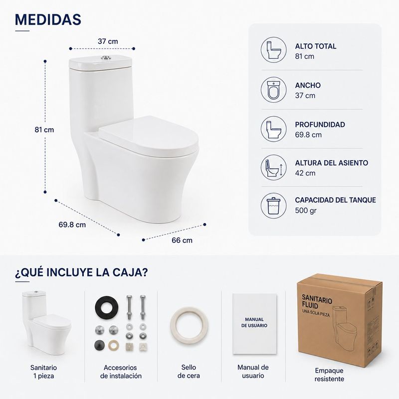 Sanitario de Una Pieza Fluid II OP Elongado Blanco con Descarga Dual