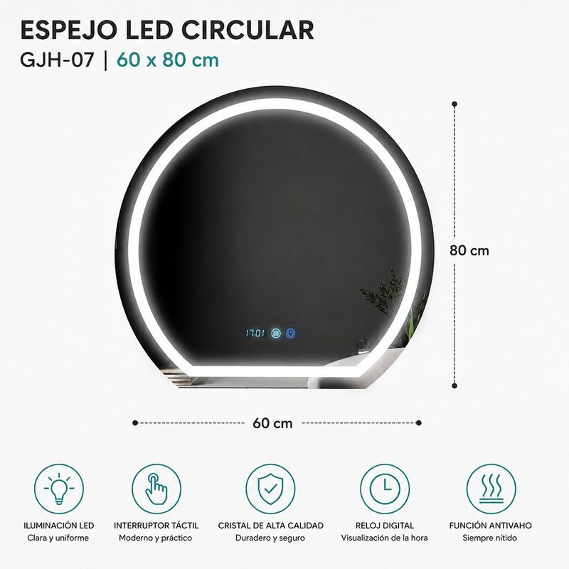 Espejo LED Semicircular Gjh-07 60x80 cm