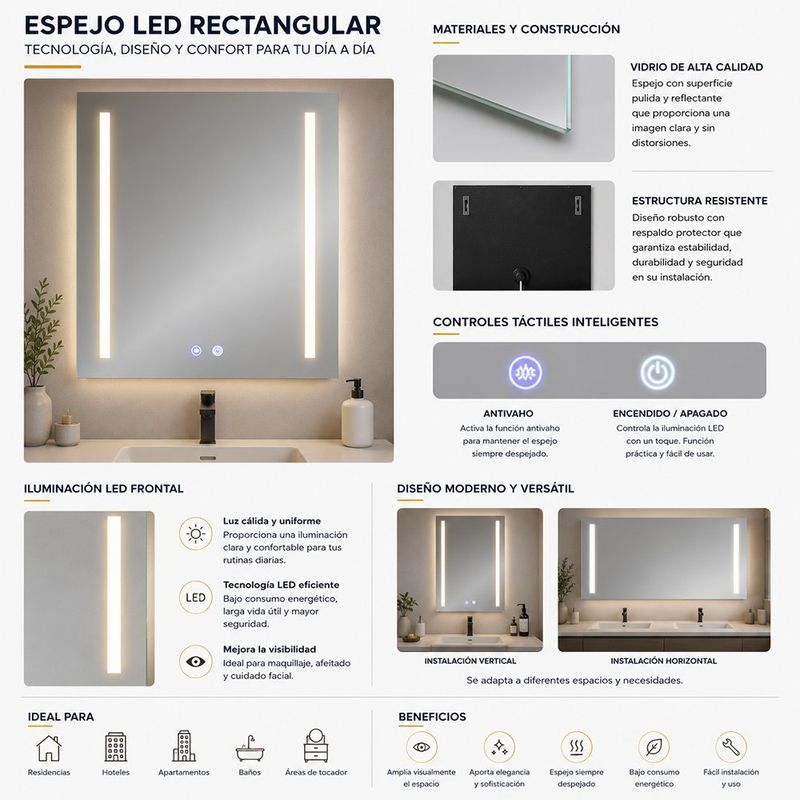 Espejo LED Rectangular con Antiempañante e Iluminación Frontal de 50x70 Cm