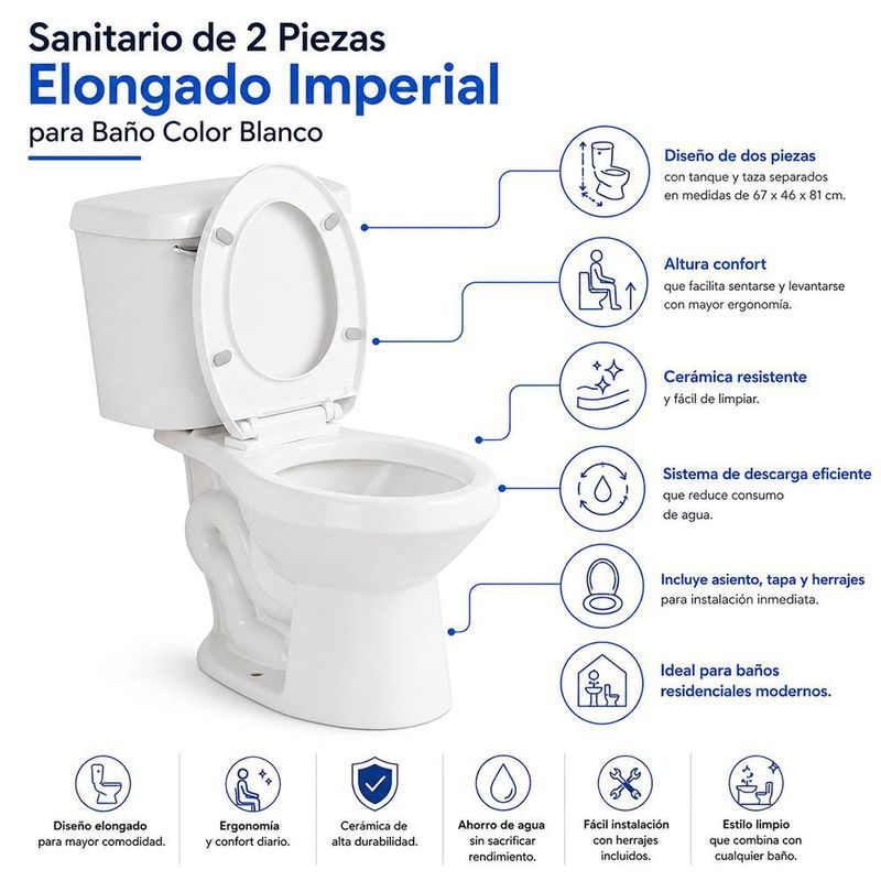 Sanitario de 2 Piezas Elongado Imperial para Baño Color Blanco