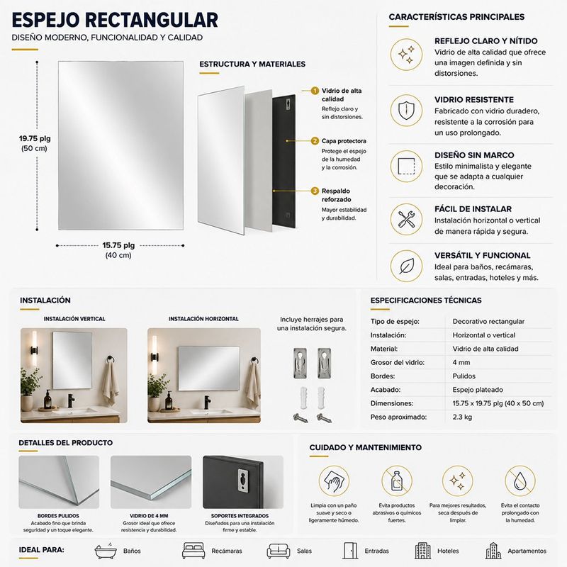 Espejo Rectangular sin Marco con Bordes Pulidos 40x50 Cm