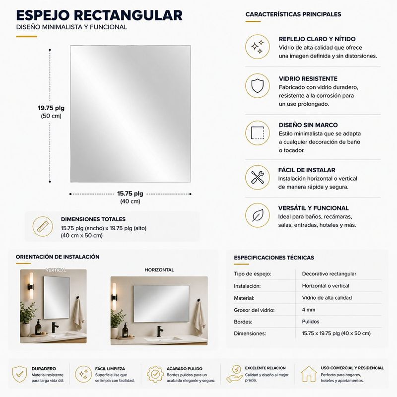 Espejo Rectangular sin Marco con Bordes Pulidos 40x50 Cm