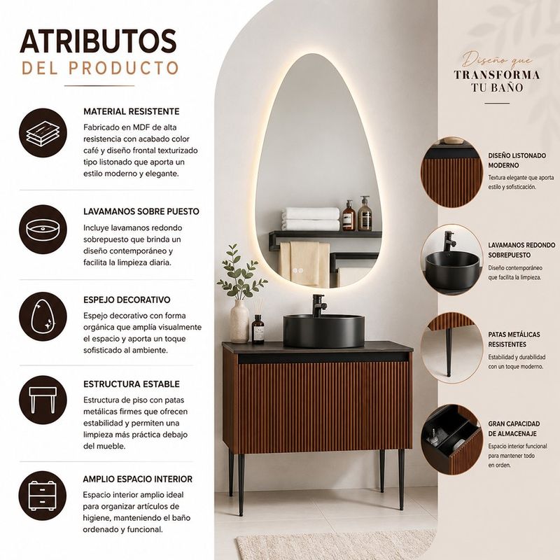 Vanity de Piso MDF con Lavamanos de Cerámica Redondo y Espejo Color Café 100 Cm