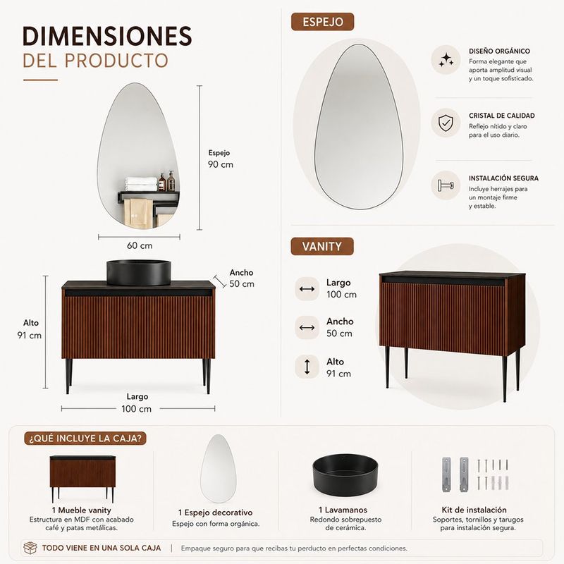 Vanity de Piso MDF con Lavamanos de Cerámica Redondo y Espejo Color Café 100 Cm