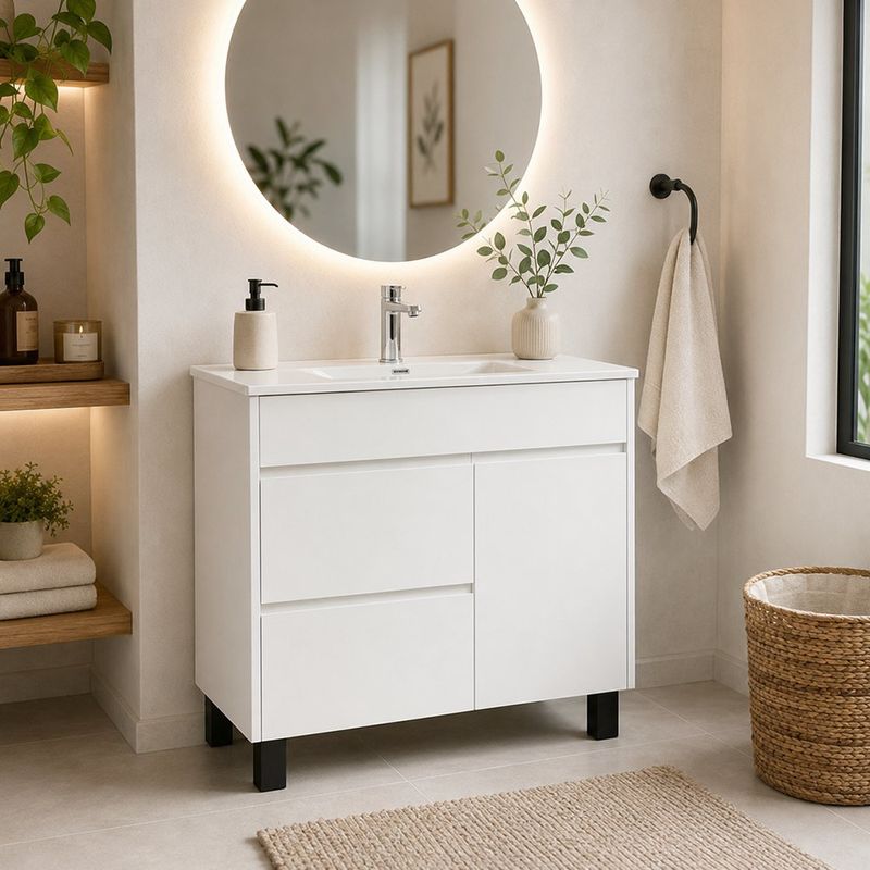 Vanity de Piso de MDF con Lavamanos de Cerámica Integrado Color Blanco 80x72 Cm