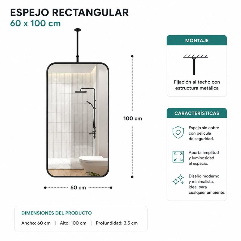 Espejo de Techo Rectangular con Marco de Aluminio 60x100 Cm