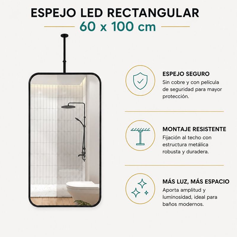 Espejo de Techo Rectangular con Marco de Aluminio 60x100 Cm