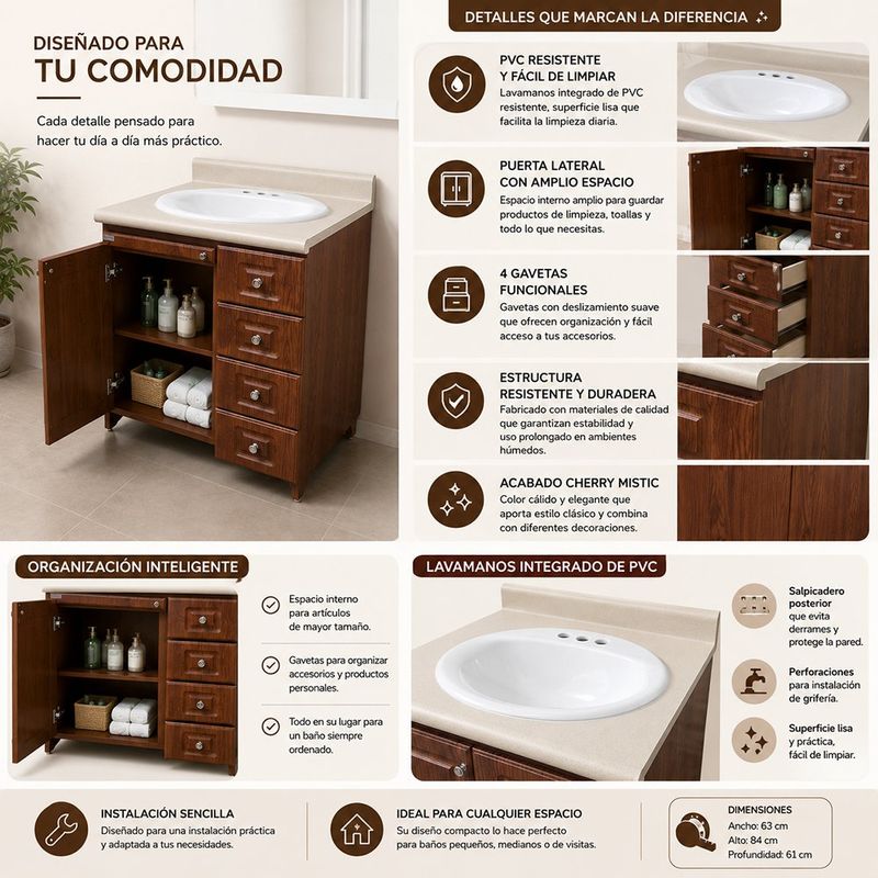 Vanity de Piso con Lavamanos de PVC Integrado Color Café Cherry Mistic 84 Cm