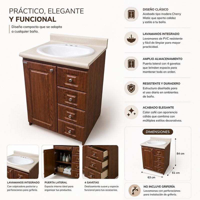 Vanity de Piso con Lavamanos de PVC Integrado Color Café Cherry Mistic 84 Cm