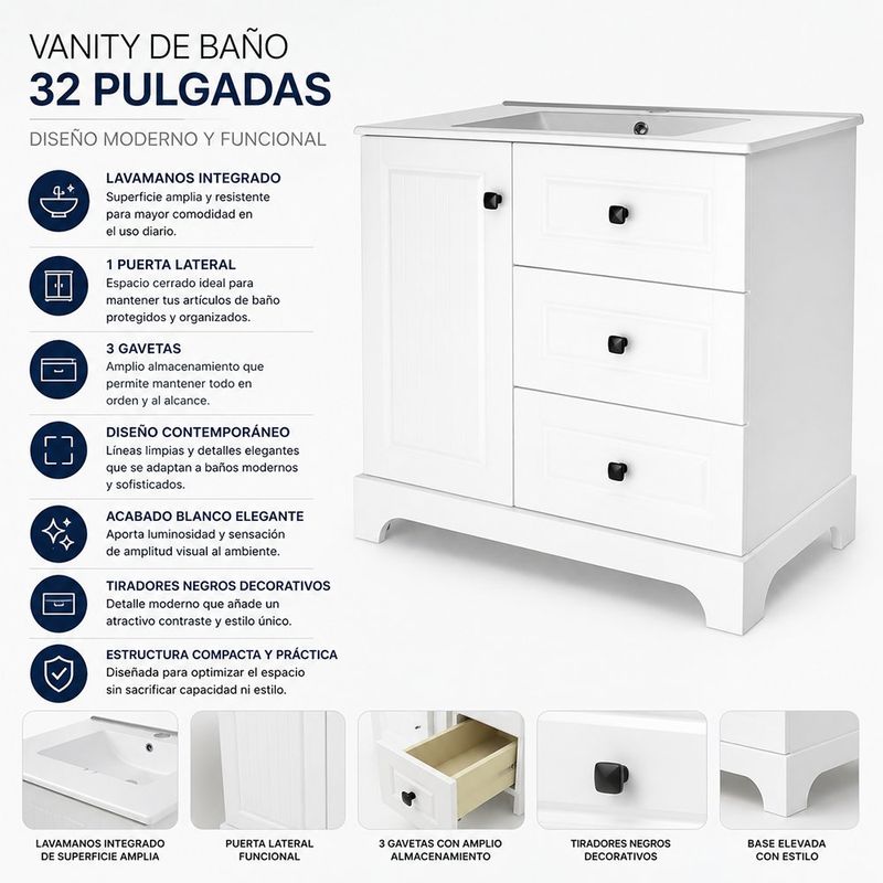 Vanity de Piso con Lavamanos Integrado y 3 Gavetas Color Blanco 32 Plg
