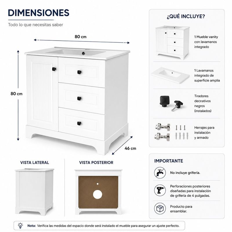 Vanity de Piso con Lavamanos Integrado y 3 Gavetas Color Blanco 32 Plg