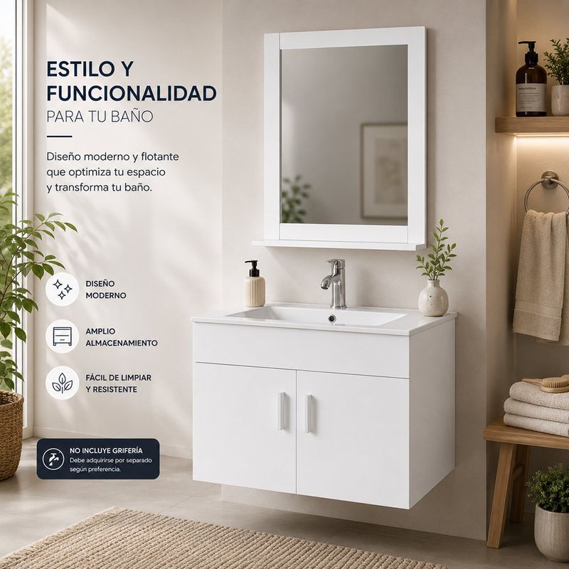 Vanity Aéreo de PVC con Espejo y Lavamanos de Cerámica Integrado Color Blanco 60x46 Cm