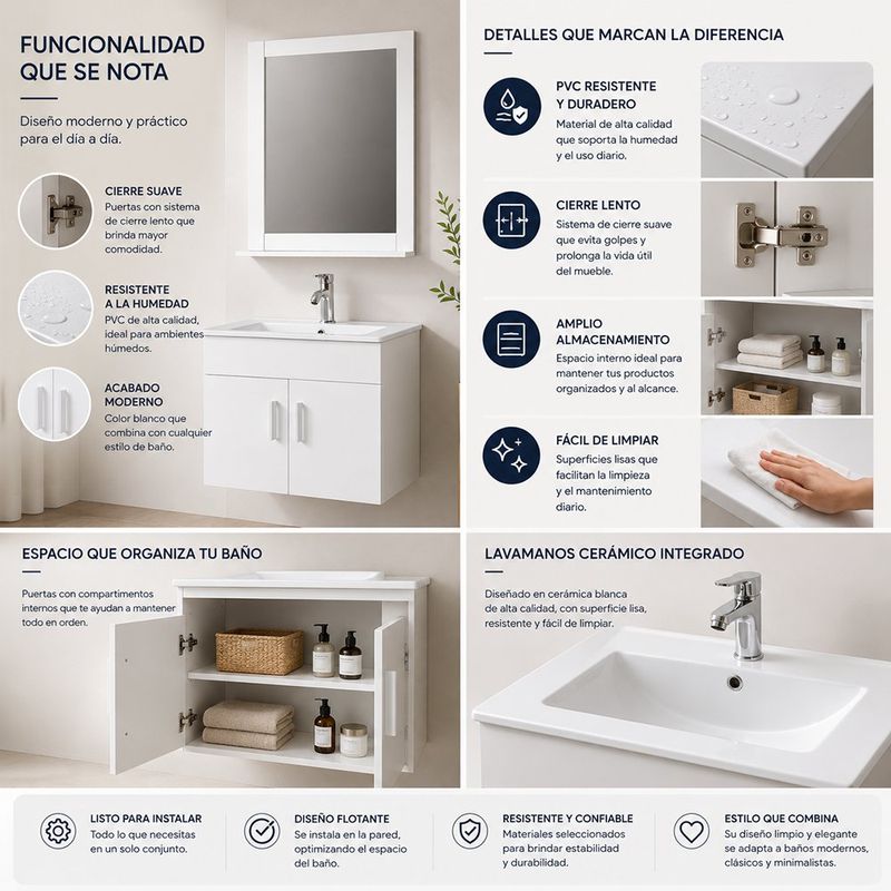 Vanity Aéreo de PVC con Espejo y Lavamanos de Cerámica Integrado Color Blanco 60x46 Cm