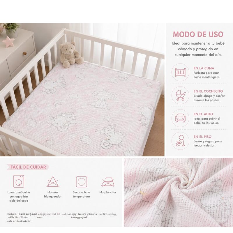 Frazada Waffle para Bebé con Diseño Elefante Rosado 75x100 Cm