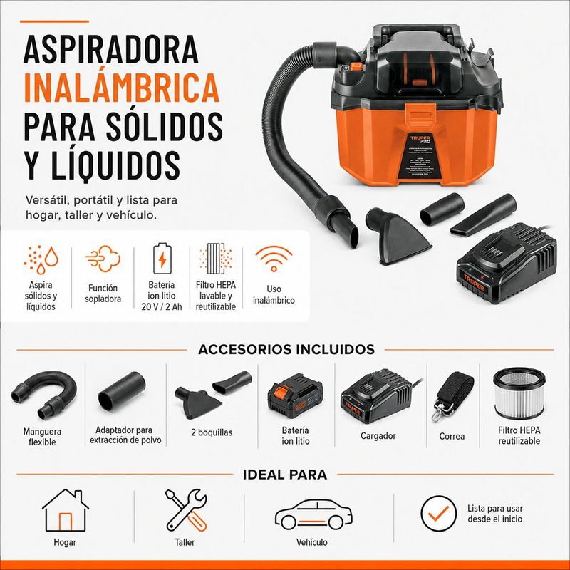 Aspiradora Inalámbrica Seco/Mojado de 2 Gal con Batería de 20 V para Polvo y Líquidos