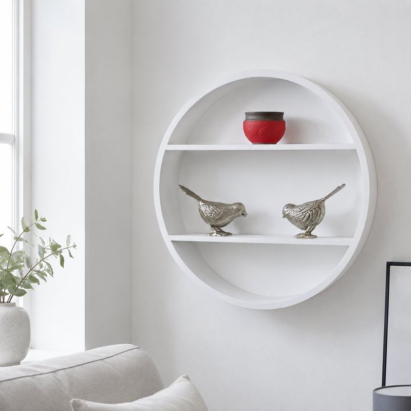 Repisa Decorativa Circular de Madera con 2 Niveles Blanca 40 cm con Soporte de Pared