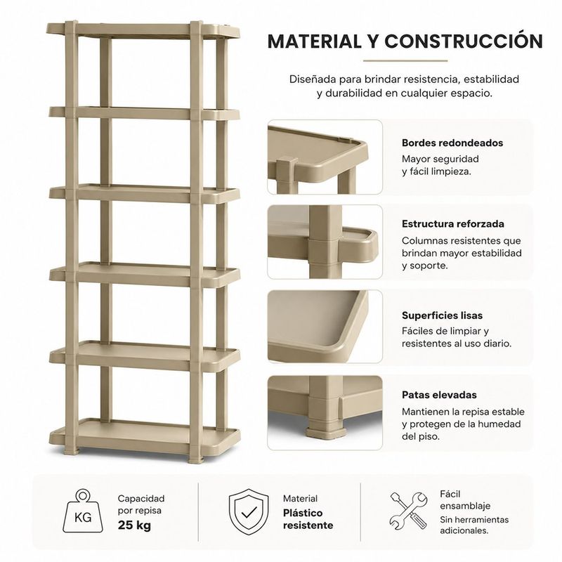 Estante de Plástico con 6 Repisas Capacidad 300 lb Color Beige