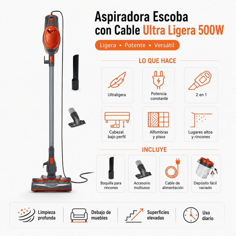 Aspiradora Escoba con Cable Ultra Ligera 500W