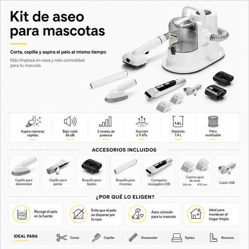 Aspiradora Pet Clean 3 en 1 para Cortar, Cepillar y Aspirar el Pelo de Mascotas