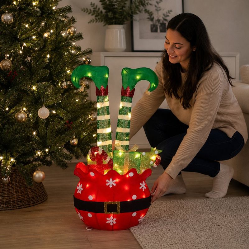 Figura Navideña 3D de Piernas de Elfo con Luces LED 74 Cm Color Rojo y Verde